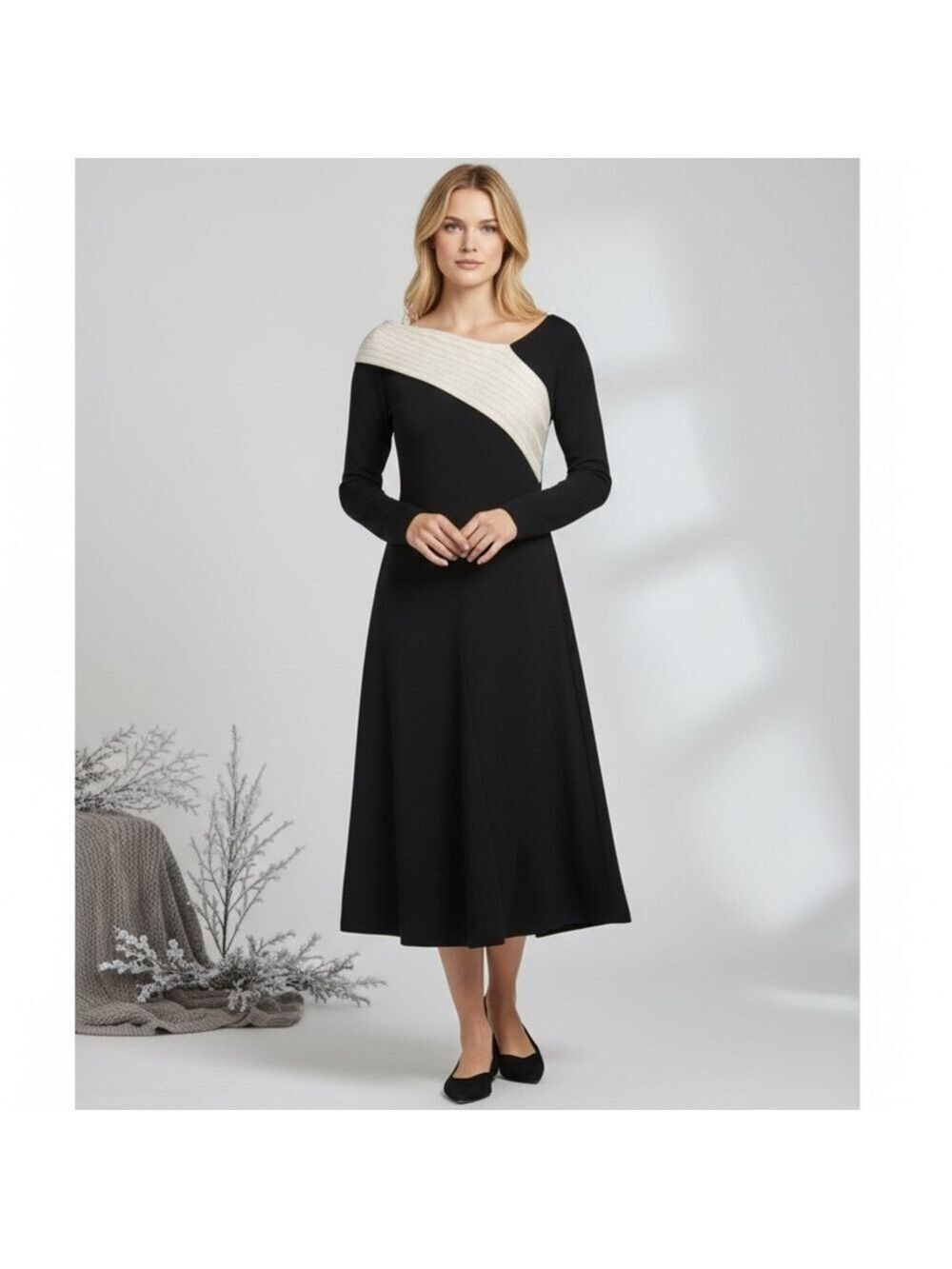 Dalia Macphee Long Sleeve Asymmetrical color block Maxi Sweater Dress black Sz M